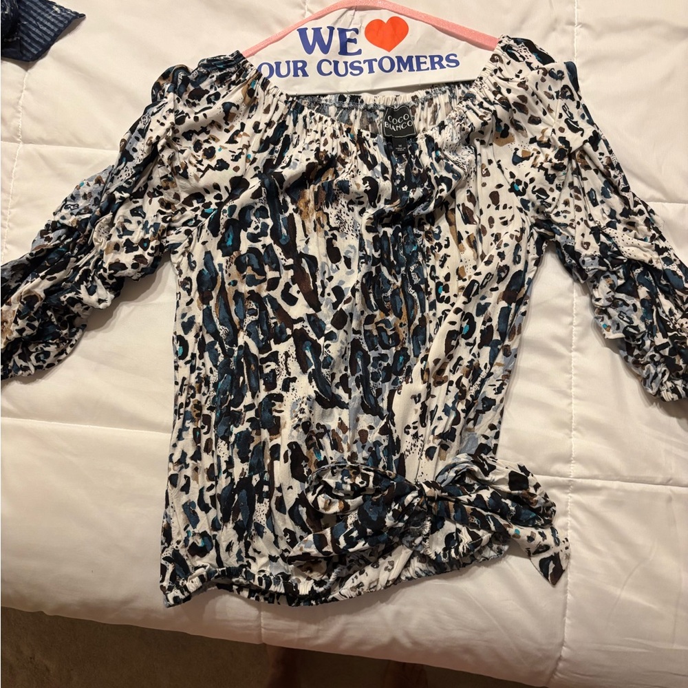 Chico's Black and White Ruched Tie Front Blouse